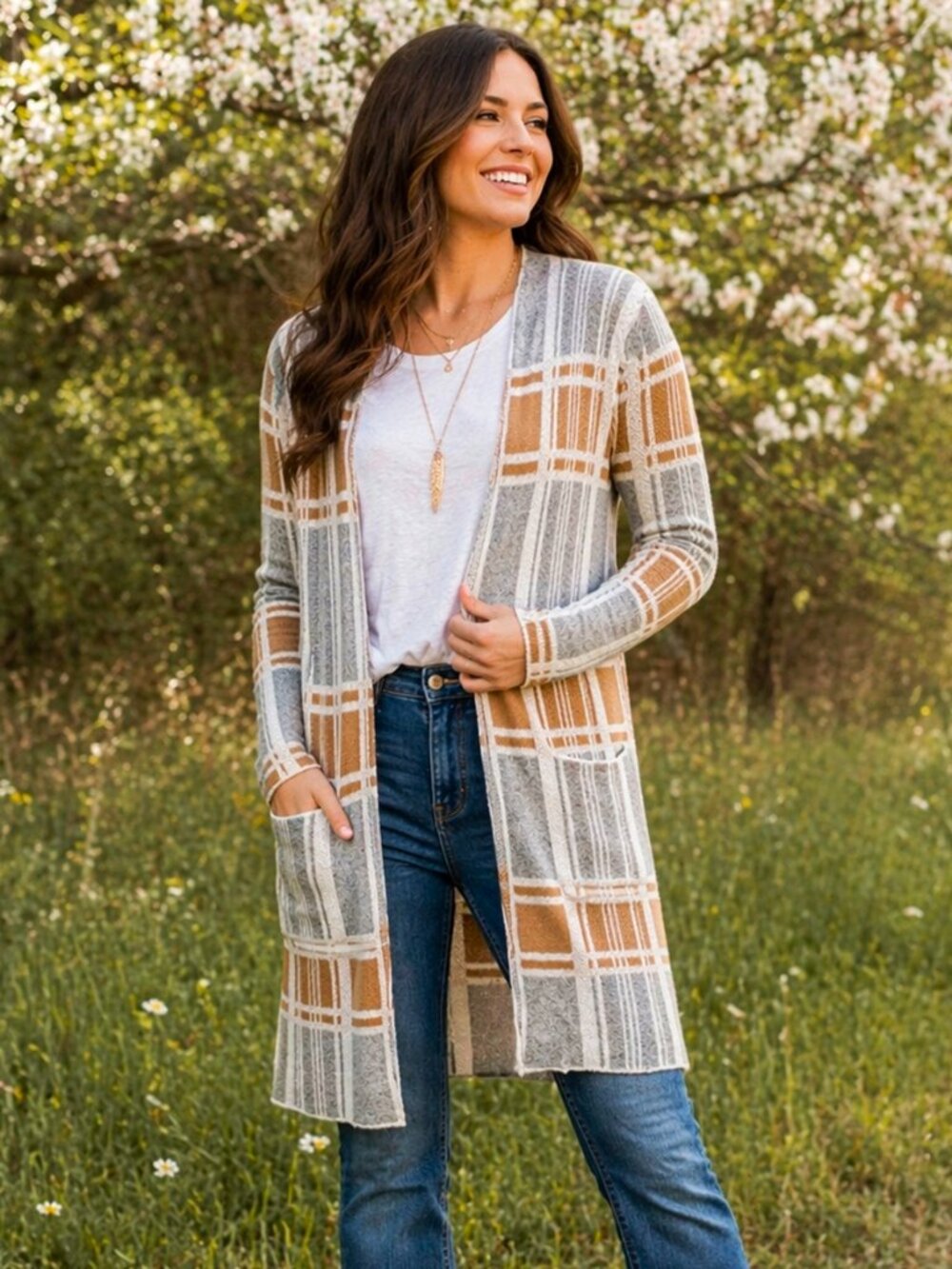 Nine West NWT Plaid Long Duster Cardigan Sweater Open Front Pockets Medium